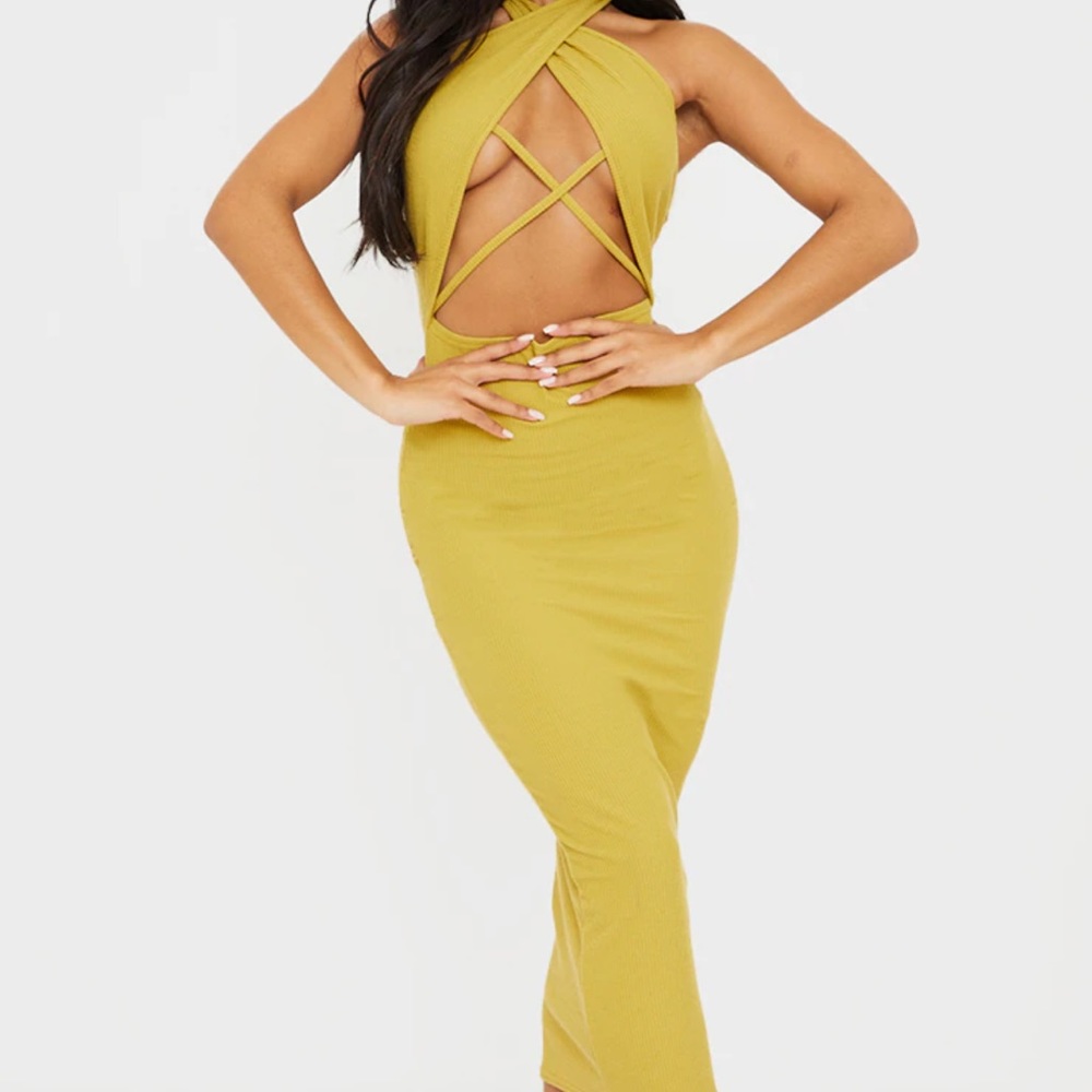 Olive Ribbed Halterneck Cross Front Detail Midi Dress